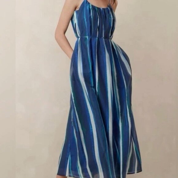 Banana Republic Organza Tie Waist Maxi Dress Blue Striped Pockets Flowing - Picture 5 of 7